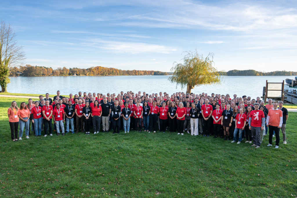 Official BioHackathon Europe 2025 group picture in the courtyard.