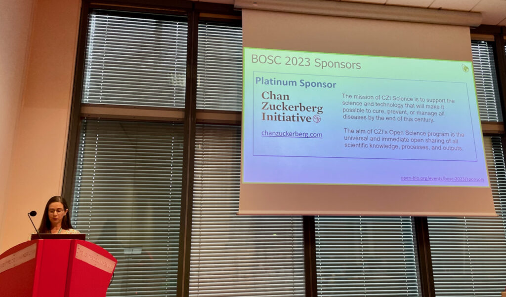 BOSC 2023 Chair Nomi Harris thanking Platinum Sponsor, the Chan Zuckerberg Initiative