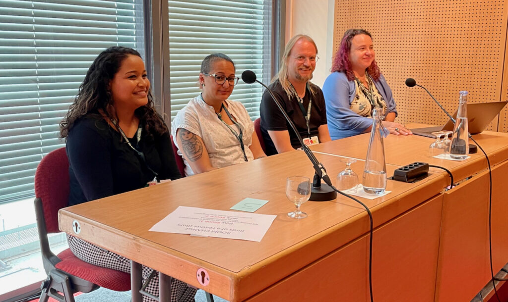 Panelists Verena Ras, Sara El-Gebali, Bastian Greshake Tzovaras, and Monica Munoz-Torres