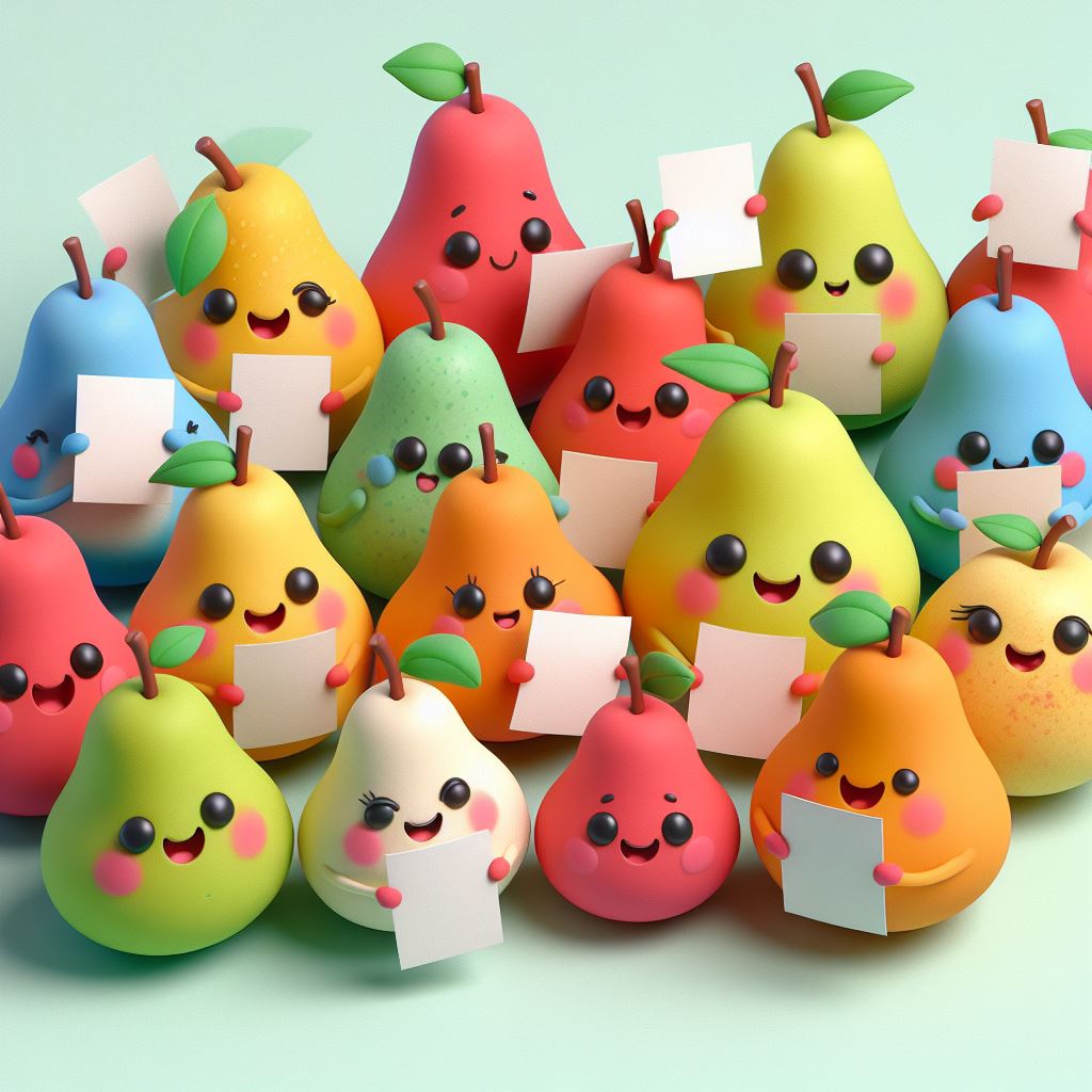 Colorful AI-generaed image of pears holding pieces of paper